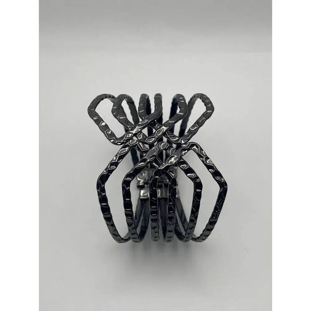 Gun Metal Gray Hammered Open Weave Wide Clamper Cuff Statement Bold Bracelet - Picture 8 of 9